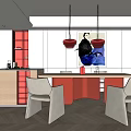 Modern Restaurant Interior With Dining Table Chairs Red Pendant Lights And Wall Artwork 3d model