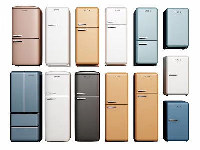 Modern Refrigerators With Multiple Colors Various Designs And Different Sizes For Home Kitchen 3d model