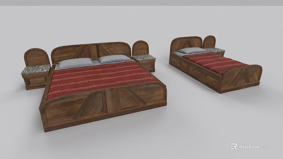 Wooden Double Bed With Red Striped Mattress And Bedside Tables For Bedroom 3d model 