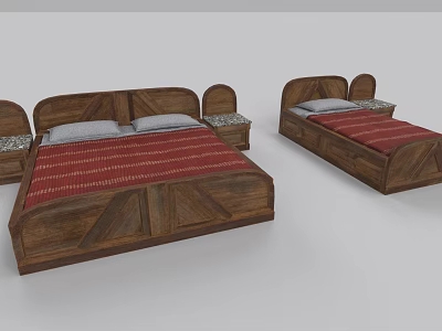 Wooden Double Bed With Red Striped Mattress And Bedside Tables For Bedroom 3d model