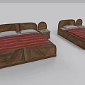 Wooden Double Bed With Red Striped Mattress And Bedside Tables For Bedroom