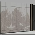 Chinese Style Landscape Pattern Background Wall With Multi Panel Screen And Black Door Design 3d model