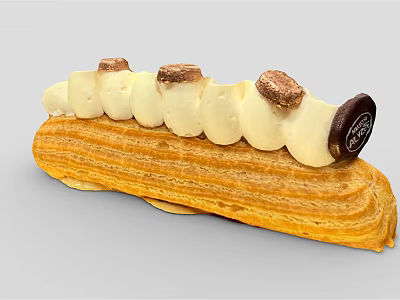 Long Crusty Pastry Eclair Topped With White Cream Brown Crumbles And Dark Chocolate Decoration 3d model