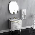Stylish White Vanity with Oval Mirror Gold Accents and Wall Cabinet in Gray Striped Bathroom