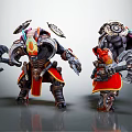 Small And Large Armored Warrior Characters Holding Axes With Detailed Armor And Red Accents