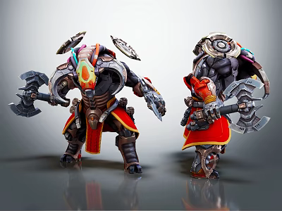 Small And Large Armored Warrior Characters Holding Axes With Detailed Armor And Red Accents 3d model