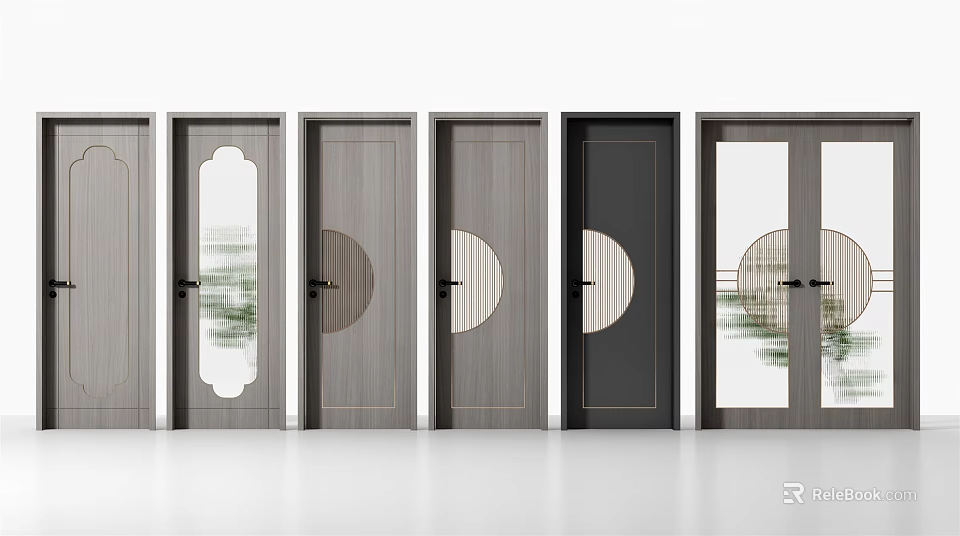 Modern Hinged Doors With Wooden Frames And Circular Glass Panels Design 3d model