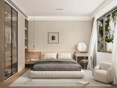 Modern Minimalist Bedroom Interior With Gray Bedding Glass Door Wardrobe And Dressing Table 3d model