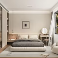 Modern Minimalist Bedroom Interior With Gray Bedding Glass Door Wardrobe And Dressing Table