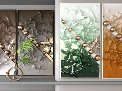 Decorative Paintings With Relief Effect Gray Green Orange Golden Spheres And Green Plant 3d model