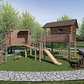 Wooden Kids Play Area With Cabin Slide Stairs On Green Grass Surrounded By Trees
