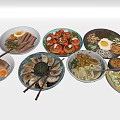 Assorted Food Dishes on White Background with Noodles Meat Seafood and Eggs