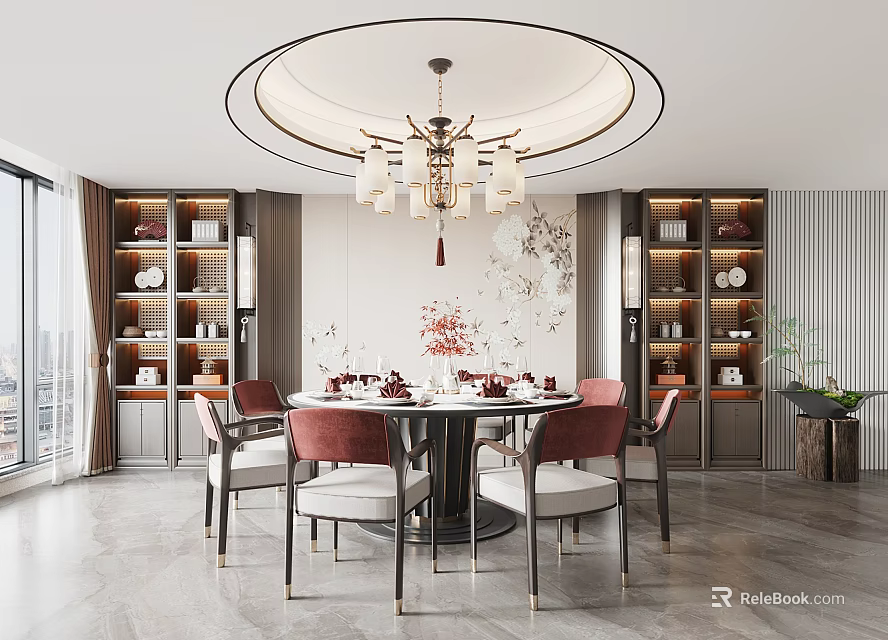 Modern Restaurant Interior With Round Dining Table Red Gray Chairs Chandelier Decorative Wall Display Cabinets 3d model 