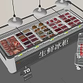 Fresh Food Display Freezer In Supermarket With Fresh Meat Seafood And Shopping Cart