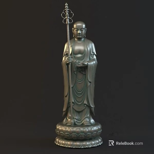 Standing Buddha Sculpture With Staff And Intricate Bronze Base Design 3d model 