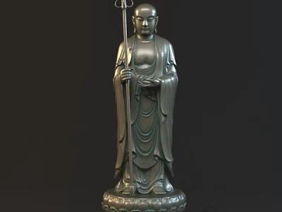 Standing Buddha Sculpture With Staff And Intricate Bronze Base Design 3d model