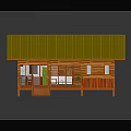 Log Cabin Exterior Design With Yellow Roof Wooden Structure And Porch Stairs
