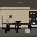 Modern Tea Room Interior With Long Wooden Table Black Bench Gray Carpet And Bookshelf