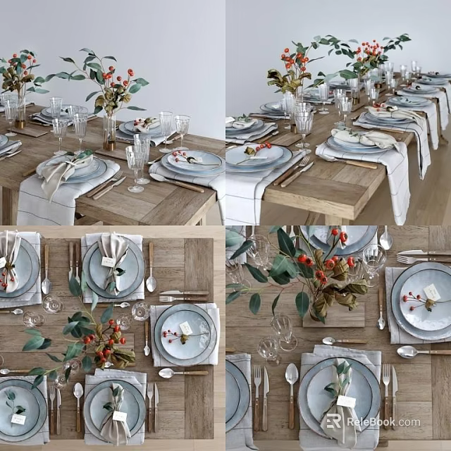 Modern Dinnerware Set With Ceramic Plates Glassware Cutlery And Green Plant On Wooden Table 3d model 