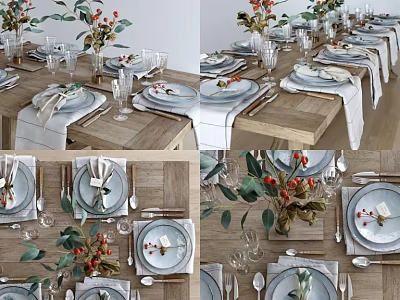Modern Dinnerware Set With Ceramic Plates Glassware Cutlery And Green Plant On Wooden Table 3d model