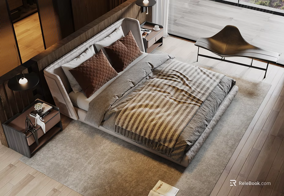 Modern Bedroom Featuring Comfortable Double Bed Striped Blanket Pillows And Wooden Nightstand 3d model 