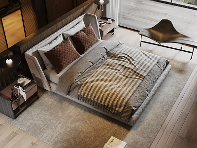 Modern Bedroom Featuring Comfortable Double Bed Striped Blanket Pillows And Wooden Nightstand 3d model