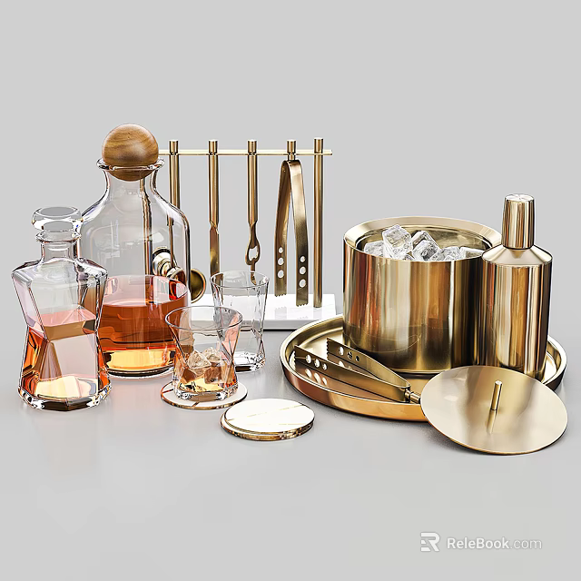 Elegant Golden Barware Set with Ice Bucket Transparent Decanter Glassware Tray and Bar Tools 3d model 