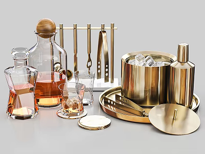 Elegant Golden Barware Set with Ice Bucket Transparent Decanter Glassware Tray and Bar Tools 3d model