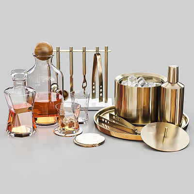 Elegant Golden Barware Set with Ice Bucket Transparent Decanter Glassware Tray and Bar Tools 3d model