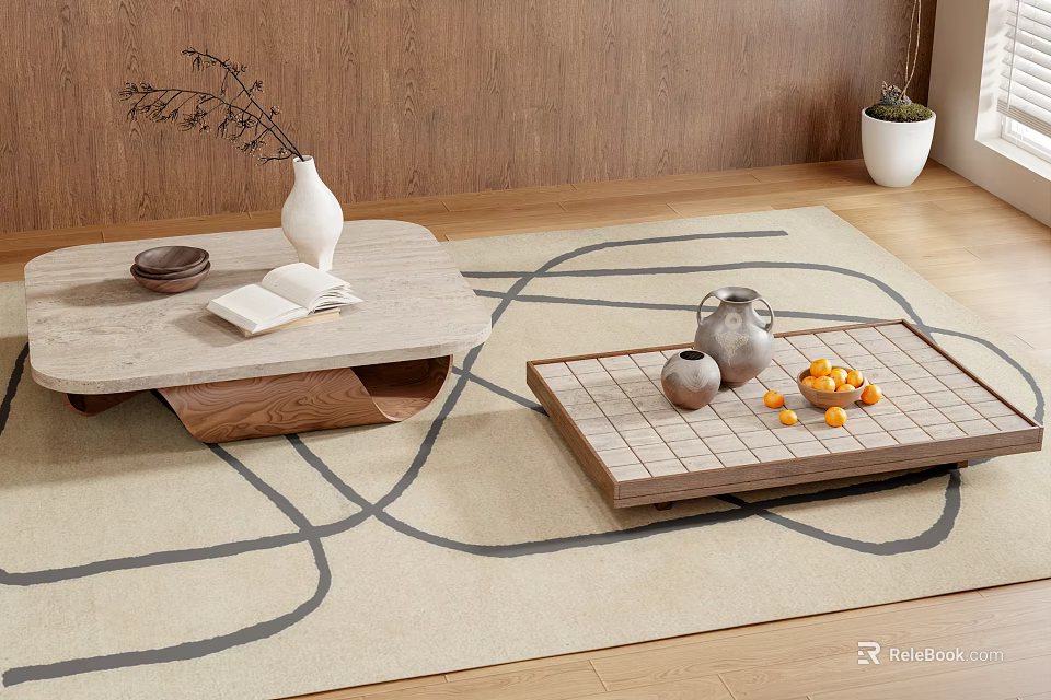 Modern Wooden Coffee Tables With White Vase Open Book Clay Pot And Oranges On Rug 3d model 