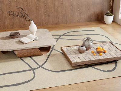 Modern Wooden Coffee Tables With White Vase Open Book Clay Pot And Oranges On Rug 3d model
