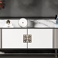 Modern TV Stand With Chinese Pattern Design And Marble Wall Decorative Items 3d model