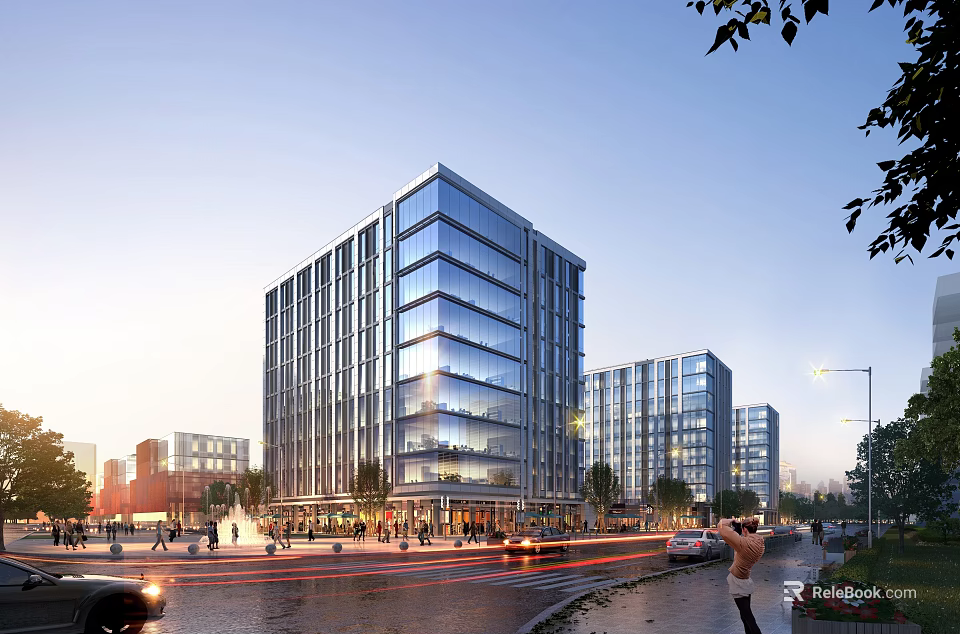 Modern High Rise Office Building With Glass Curtain Wall Urban Street Pedestrians And Vehicles 3d model 