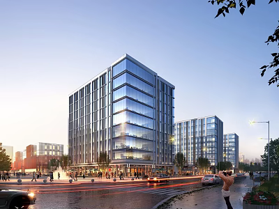 Modern High Rise Office Building With Glass Curtain Wall Urban Street Pedestrians And Vehicles 3d model
