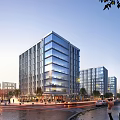 Modern High Rise Office Building With Glass Curtain Wall Urban Street Pedestrians And Vehicles