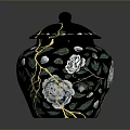 Intricate Floral Sculpted Black Jar With Lid And White Flower Carvings