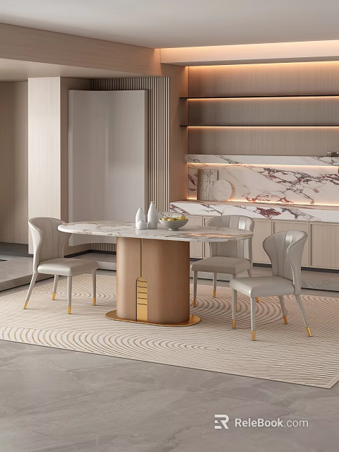 Elegant Round Dining Table Set With Marble Top Light Gray Chairs Gold Legs 3d model 