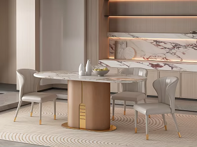 Elegant Round Dining Table Set With Marble Top Light Gray Chairs Gold Legs 3d model