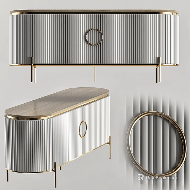 Modern Elegant Sideboard With Wooden Top Gold Metal Frame And Striped Panels 3d model 