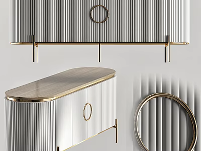 Modern Elegant Sideboard With Wooden Top Gold Metal Frame And Striped Panels 3d model