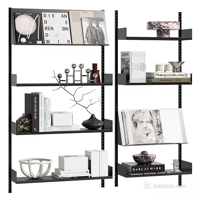 Modern Black Metal Shelving Unit With Books Decorative Vase Magazines And Picture Frames 3d model 