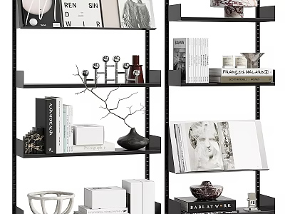 Modern Black Metal Shelving Unit With Books Decorative Vase Magazines And Picture Frames 3d model