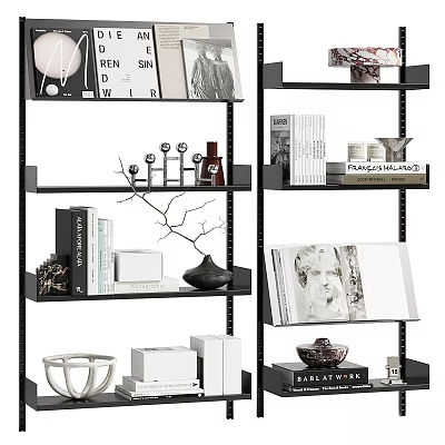 Modern Black Metal Shelving Unit With Books Decorative Vase Magazines And Picture Frames 3d model