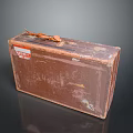 Vintage Brown Storage Box With Leather Handle Worn Surface And Red Label