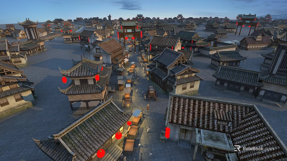 Traditional Chinese Ancient Architecture With Classic Roofs Red Lanterns And Town Streets 3d model 