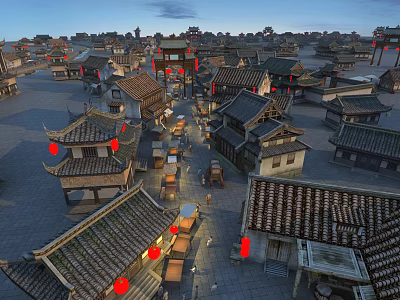 Traditional Chinese Ancient Architecture With Classic Roofs Red Lanterns And Town Streets 3d model