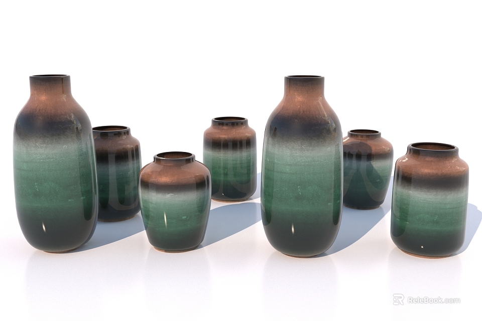 Multiple Ceramic Vases With Green Brown Gradient Hues In Various Sizes On White Surface 3d model 