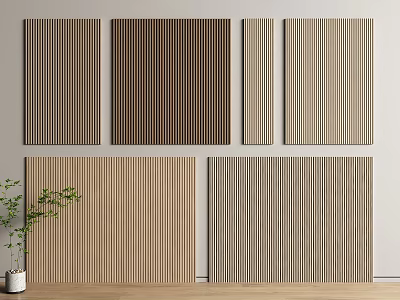 Modern Wooden Wall Panels With Vertical Stripes Design Natural Brown Beige Tones And Decorative Plant 3d model