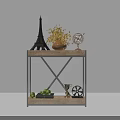 Decorative Ornament Combination On Metal Shelf With Eiffel Tower Globe Dried Flowers And Green Plants