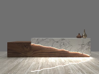 Modern Reception Desk With Marble Countertop Wooden Base Elegant Lighting And Decorative Vases 3d model